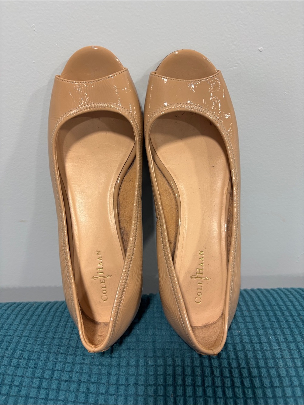 Women’s Cole Haan Tan Patent Peep-Toe Wedge Pumps - Picture 5 of 6